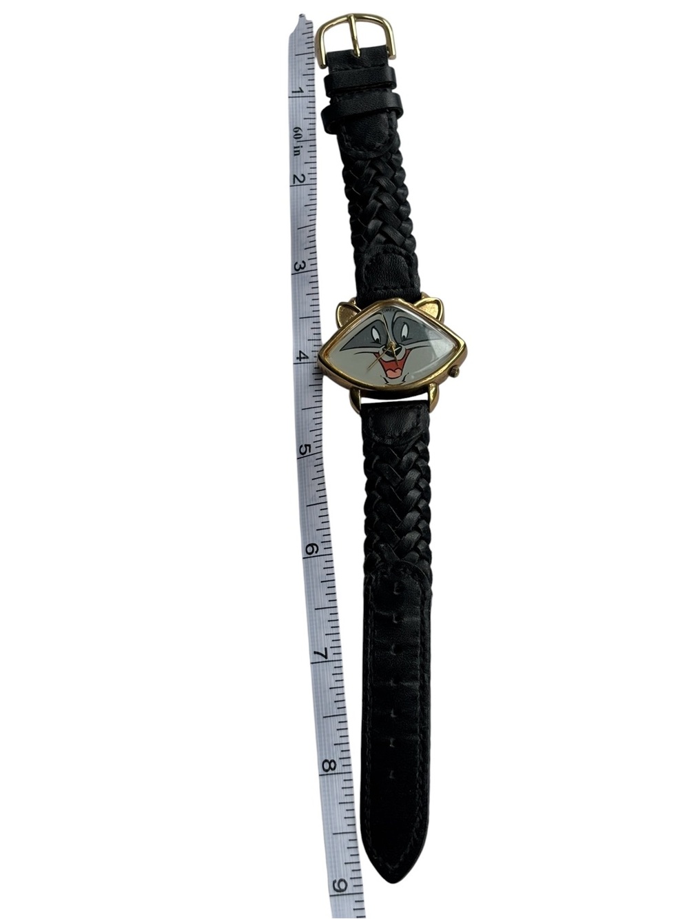 Timex Disney Meeko Raccoon Vintage Watch Gold Tone Black Leather Pocahontas 90s - Picture 8 of 9